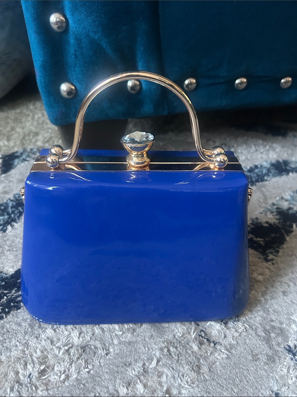 Blue Glossy Dome-Top Handbag with Gold Accent